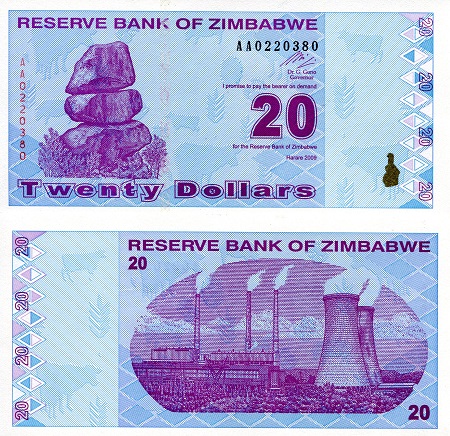 Zimbabwe 20 Dollars Pick Number: 95 UNC Banknote