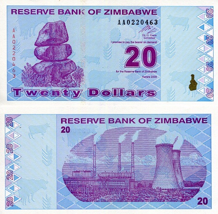 Zimbabwe 20 Dollars Pick Number: 95a XF (small ink stains) Banknote