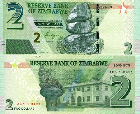 Zimbabwe 2 Dollars Pick Number: 99a UNC Banknote