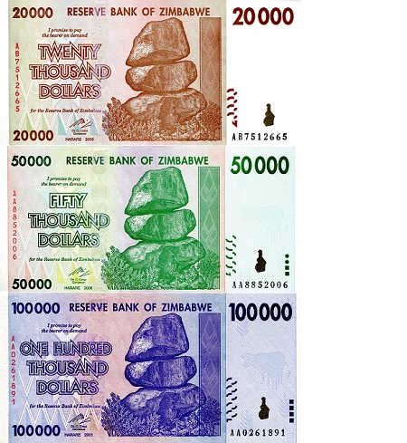 Zimbabwe 20,000 - 100,000 Dollars Pick Number: 73 - 75 aUNC (minor corner issue) Banknote