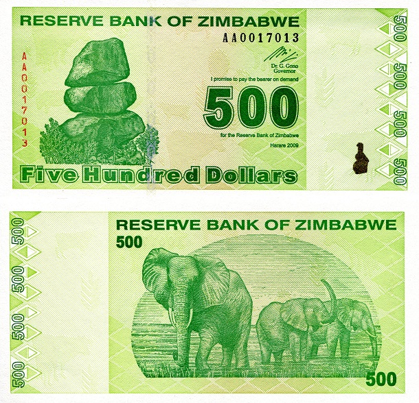 Zimbabwe 500 Dollars Pick Number: 98 UNC Banknote