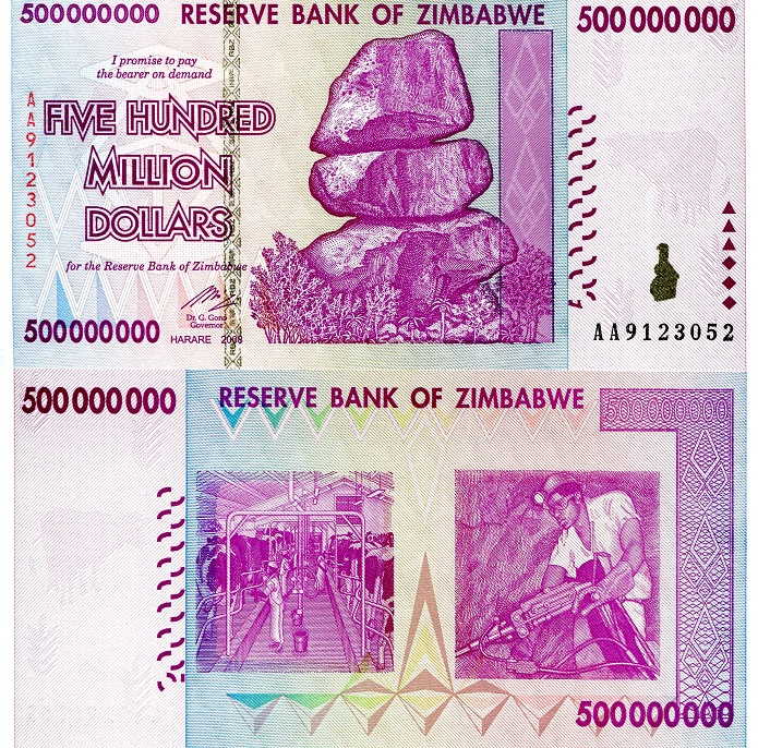 Zimbabwe 500,000,000 Dollars (500 Million) Pick Number: 82 UNC Banknote