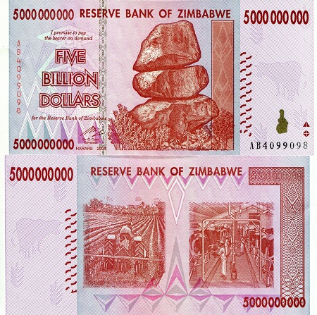 Zimbabwe 5 Billion Dollars Pick Number: 84 UNC Banknote