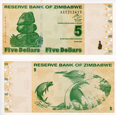 Zimbabwe 5 Dollars Pick Number: 93 UNC Banknote
