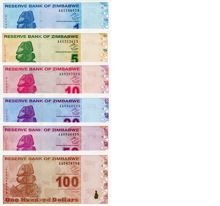 Zimbabwe 1 - 100 Dollars Pick Number: 92 - 97 aUNC (minor corner issue) Banknote