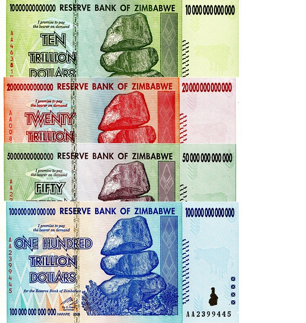 Zimbabwe 10, 20, 50, & 100 Trillion Pick Number: 88 - 91 UNC Banknote