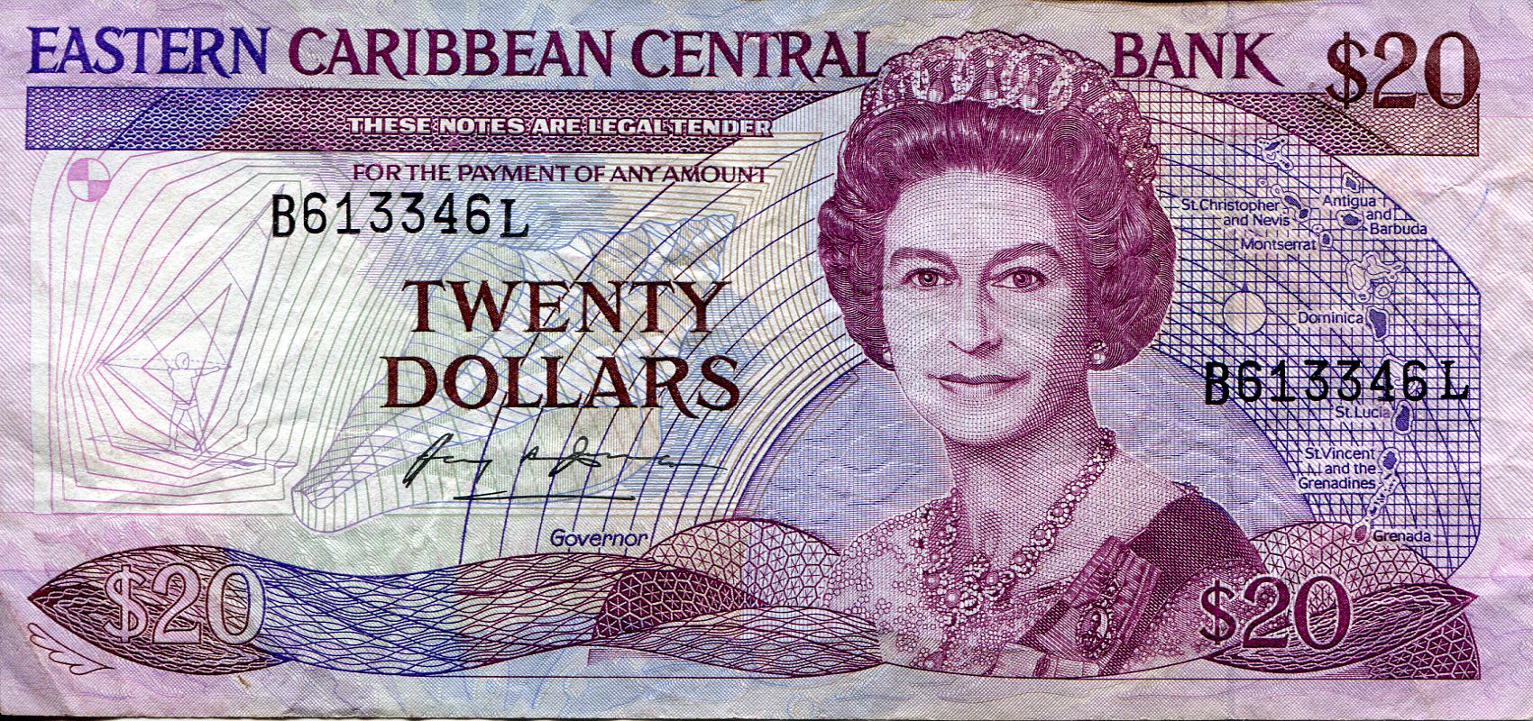 Saint Lucia 20 Dollar VF/F (see large scan) pick #: 20L