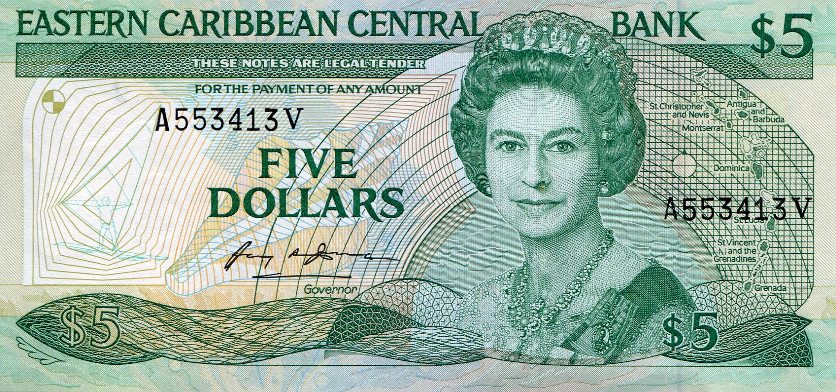 Saint Vincent and the Grenadines 5 Dollars aUNC pick #: 18V