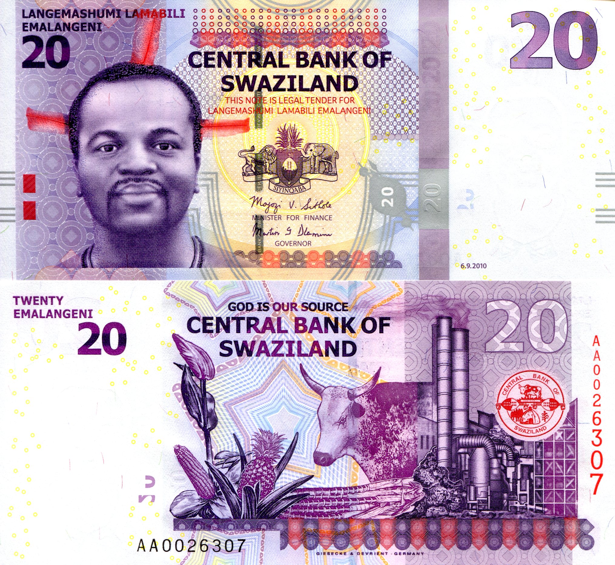 Swaziland  20 Emalangeni UNC pick #: 37a