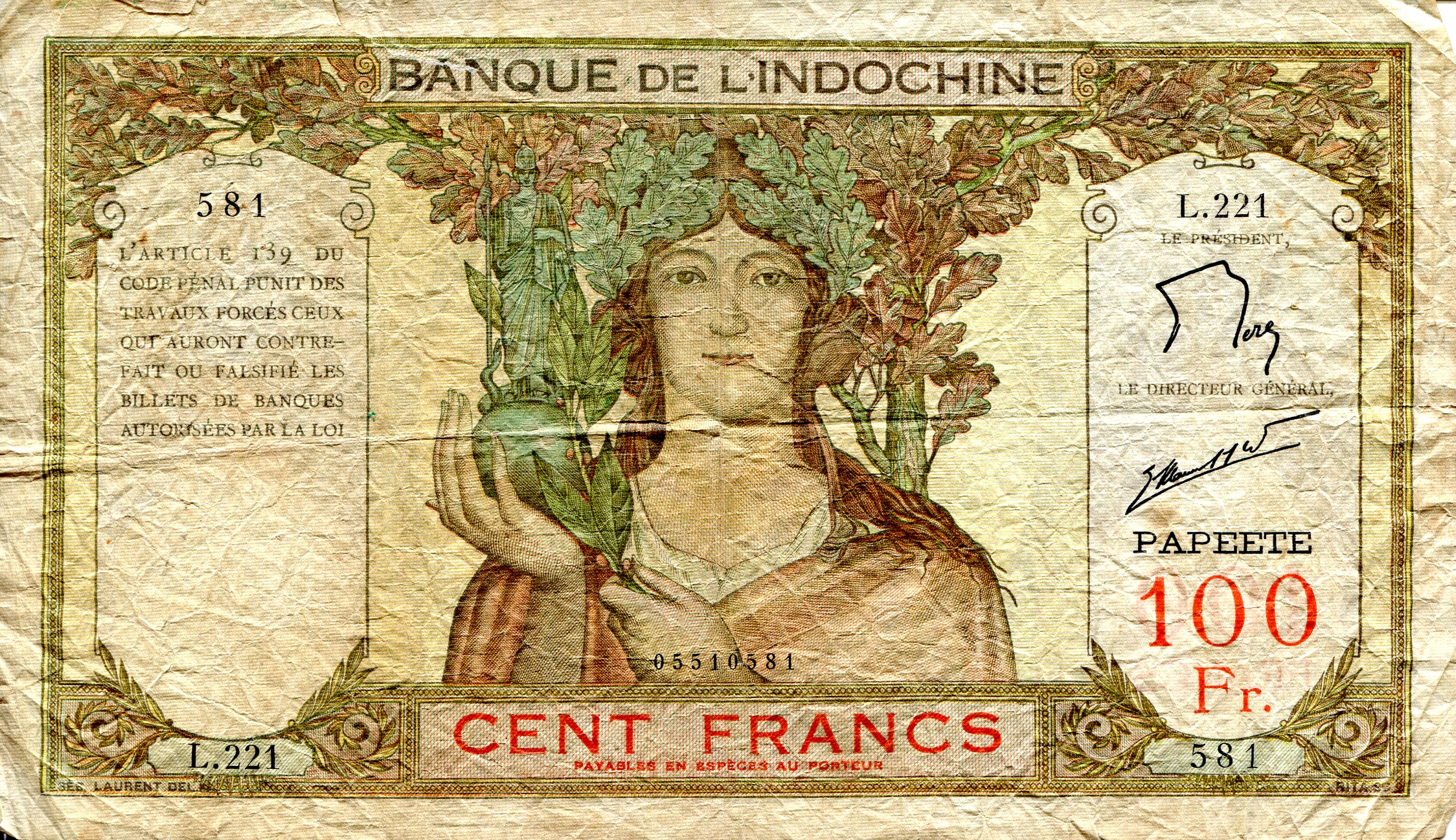 Tahiti 100 Francs F/VG (see large scan) pick #: 14b