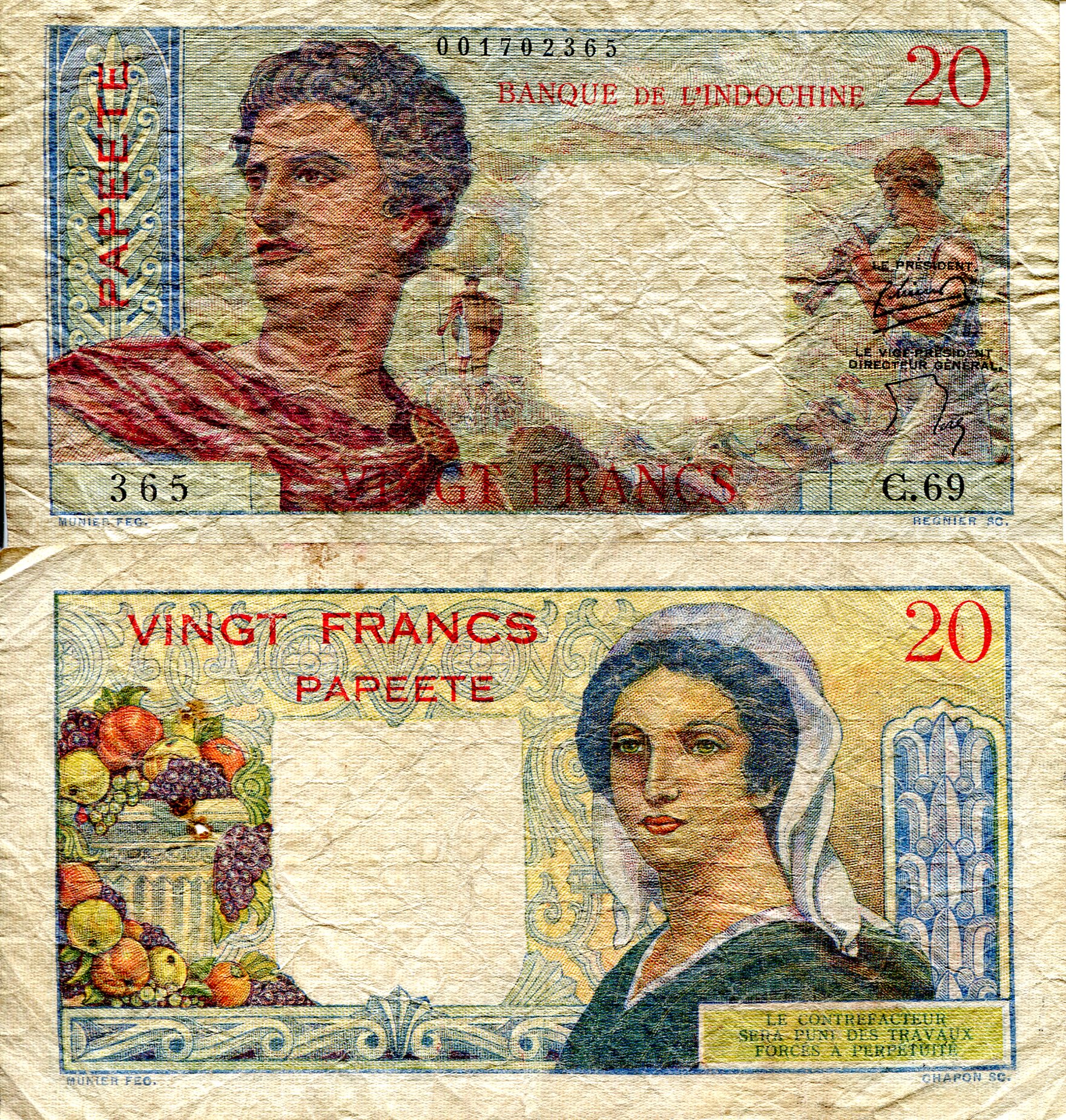 Tahiti 20 Francs F (see large scan) pick #: 21b