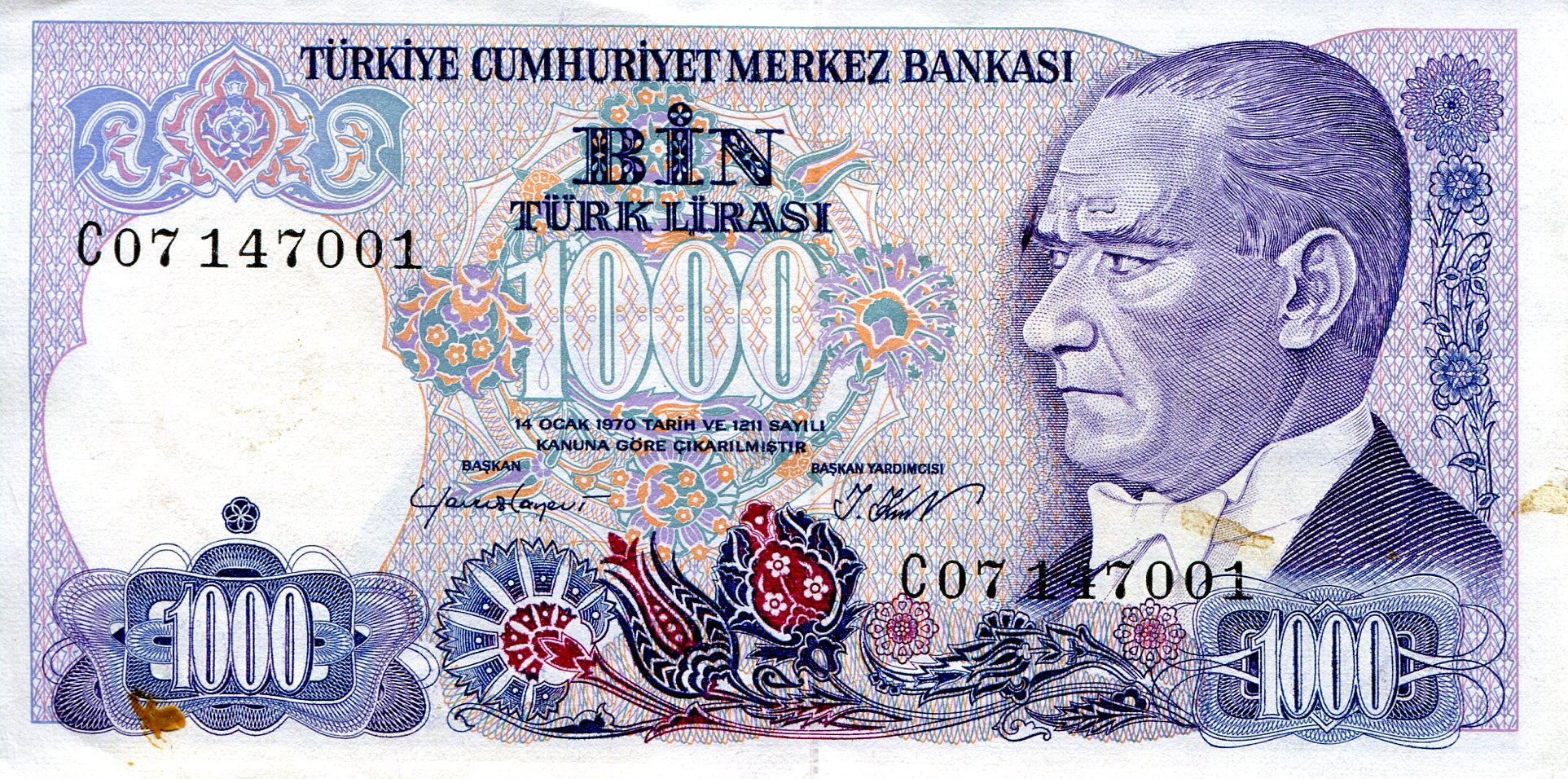 Turkey 1,000 Lira VF (see scan) pick #: 196