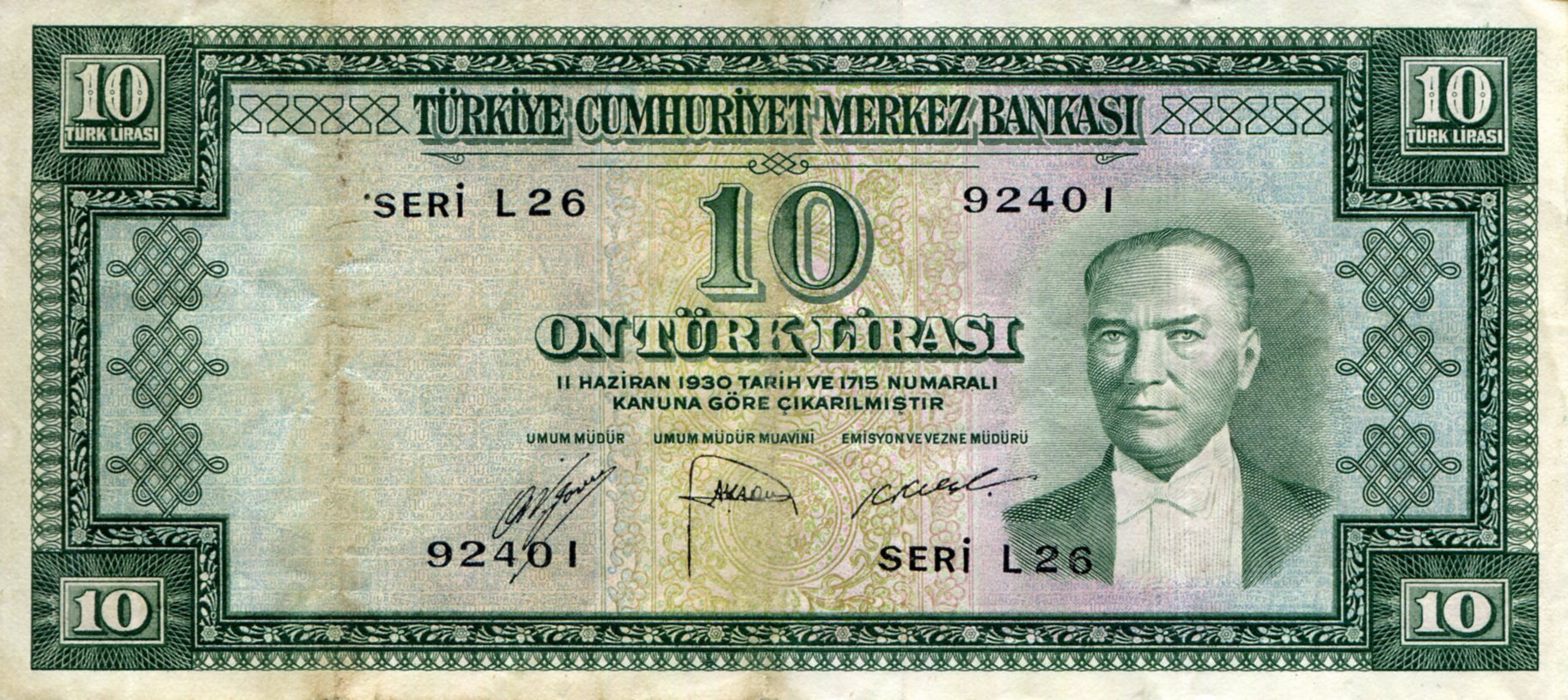 Turkey 10 Lira F (See large scan) pick #: 157a