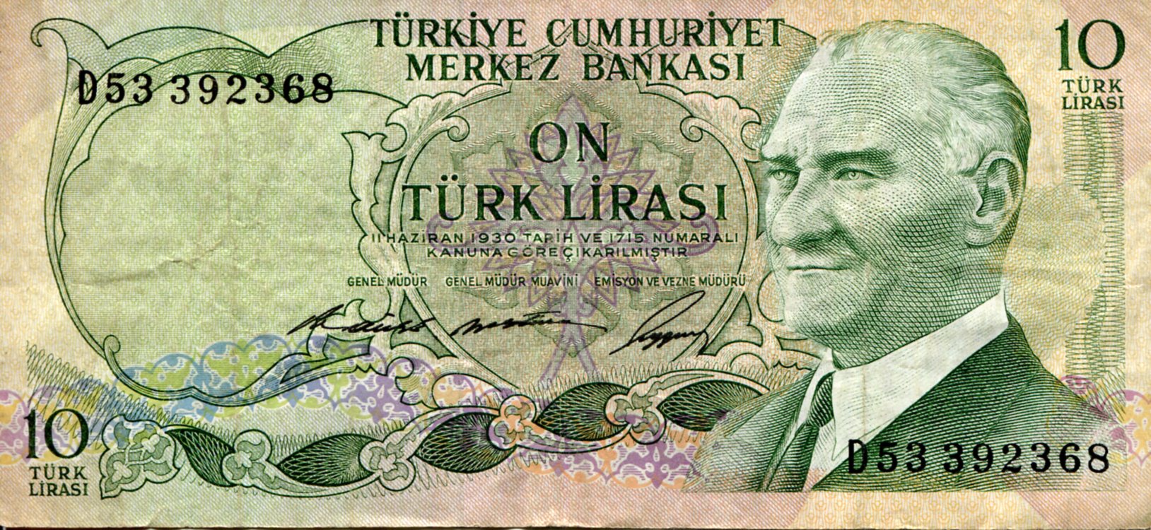 Turkey 10 Lira VG (See large scan) pick #: 180b
