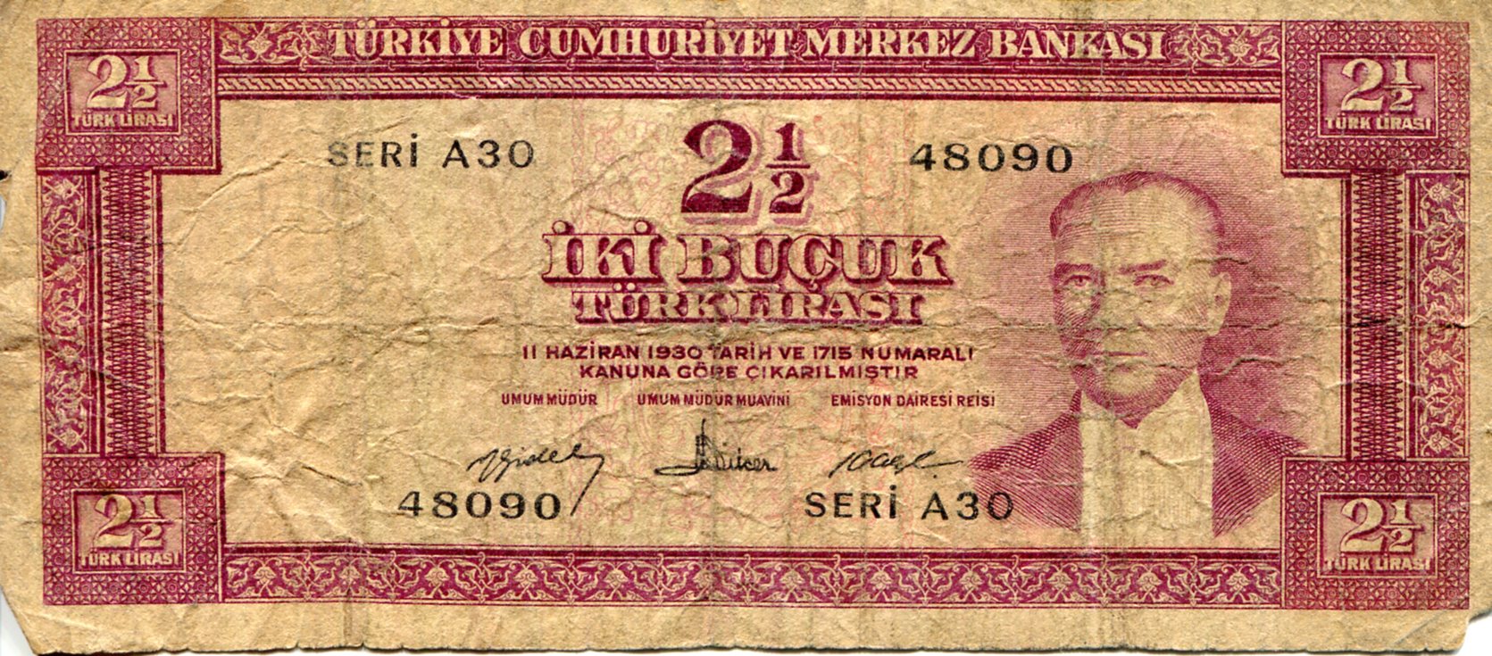 Turkey 2 1/2 Lirasi VG/G (See large scan) pick #: 153a