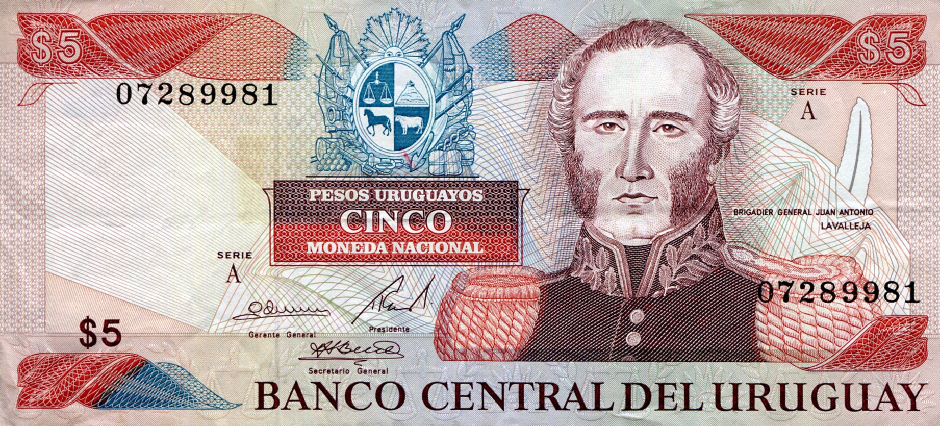 Uruguay  5 Pesos XF (see large scan) pick #: 73Aa