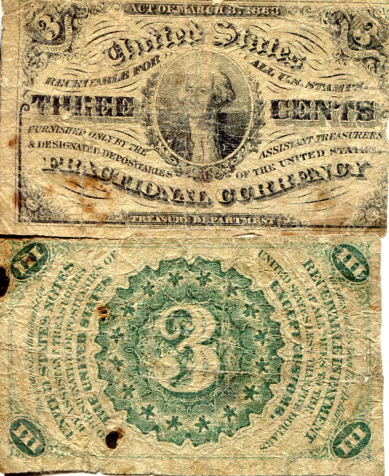 USA - Fractional Currency 3 Cents G/Fair (Center Hole See large scan) pick #: 105a (I believe)