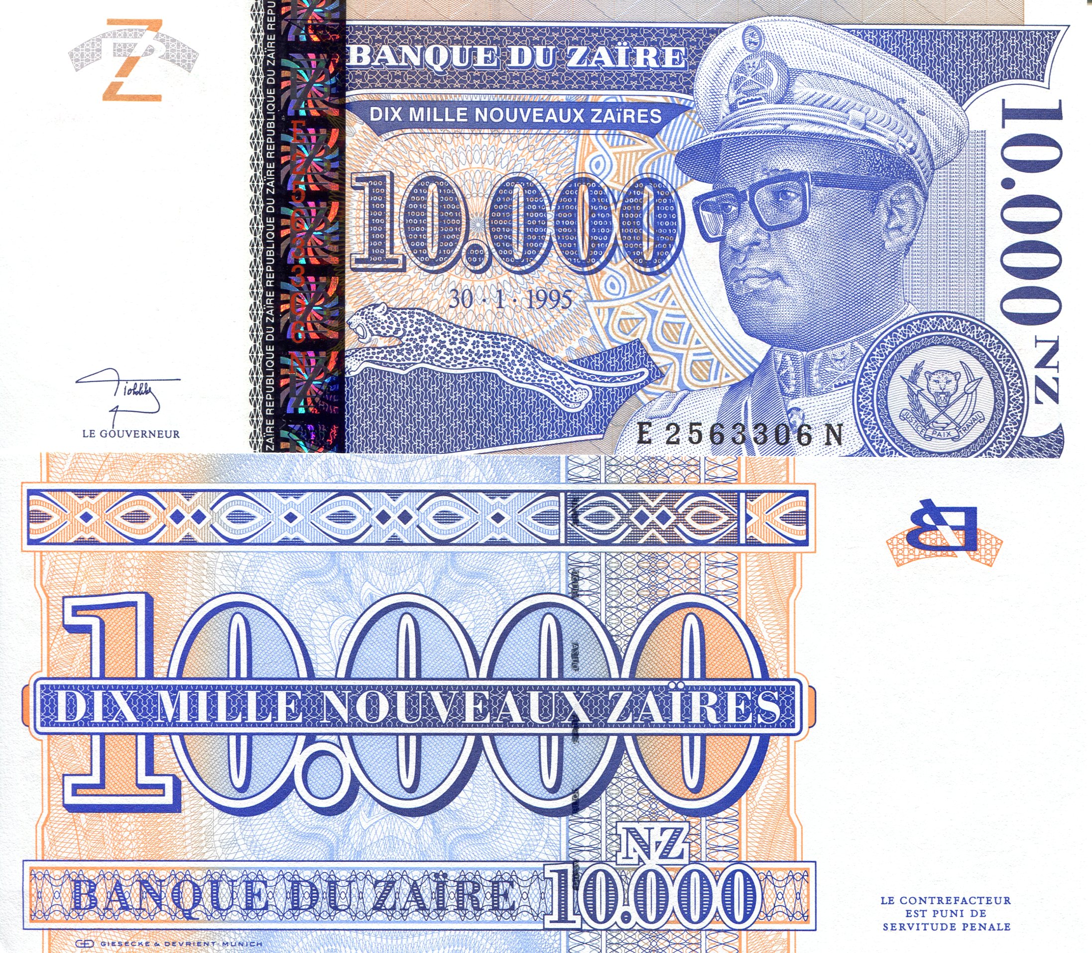 Zaire 10,000 New Zaires UNC pick #: 70