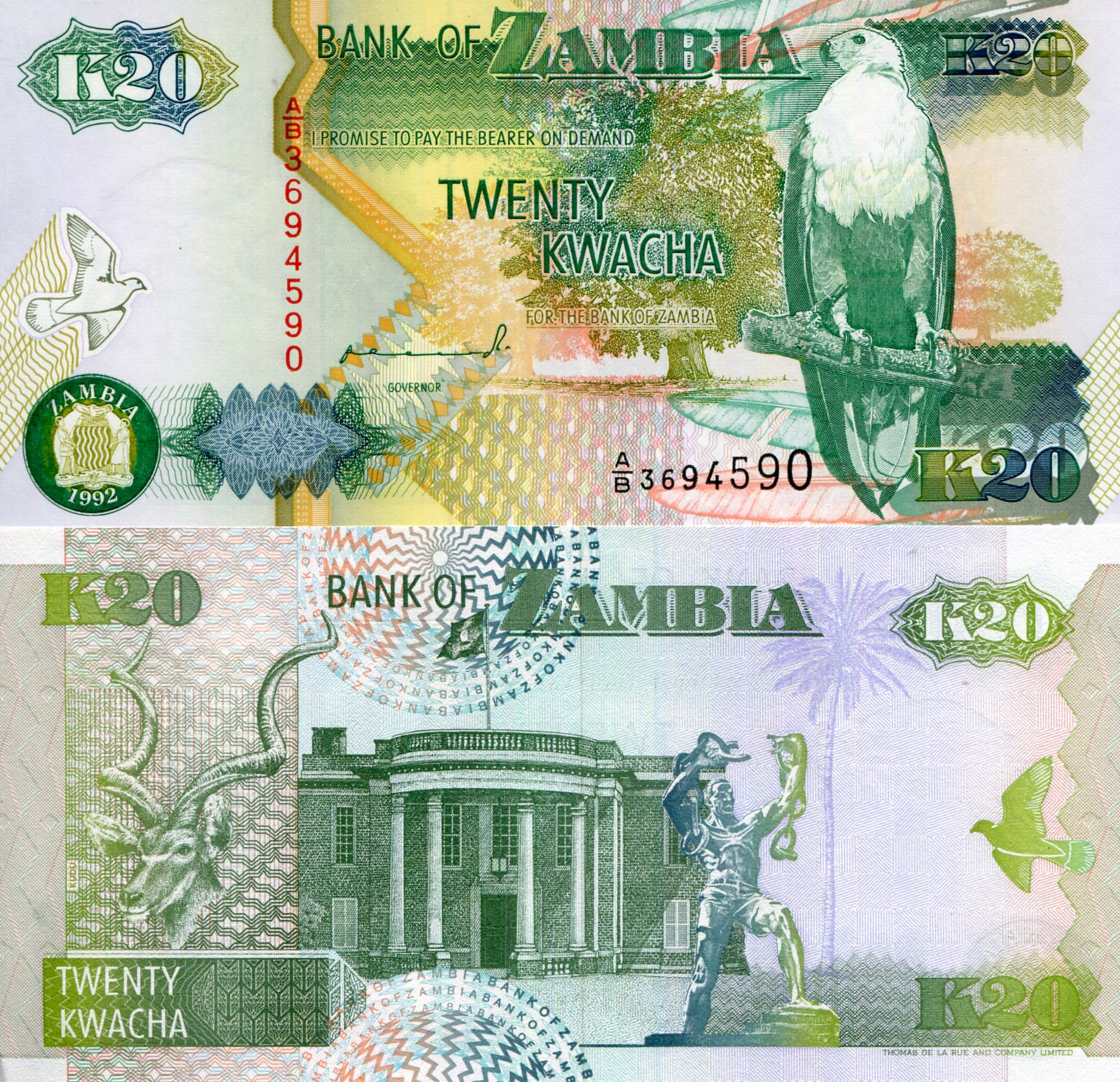 Zambia 20 Kwacha aUNC (minor corner issue) pick #: 36a