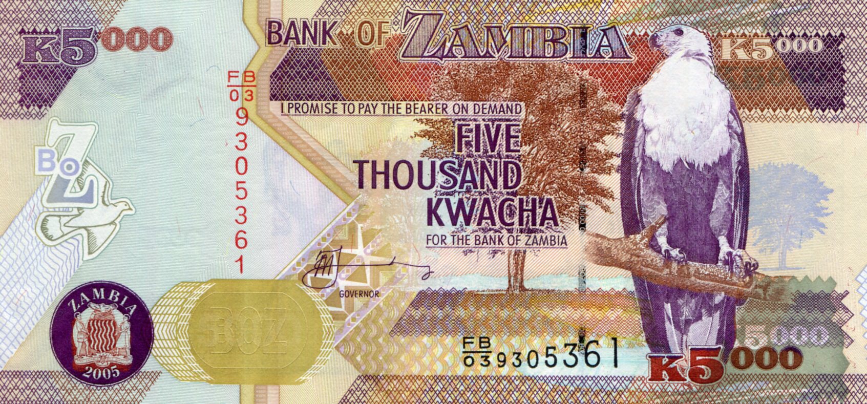 Zambia 5,000 Kwacha UNC pick #: 45b