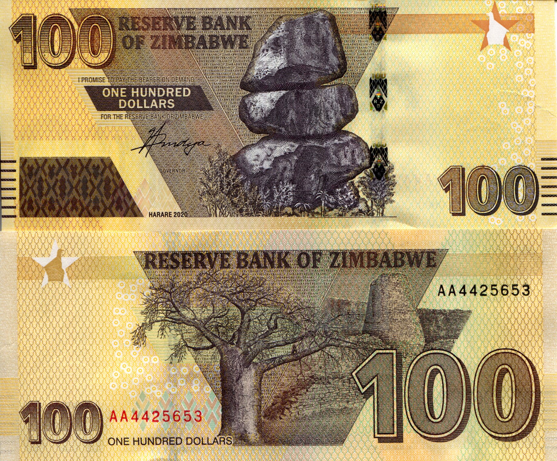 Zimbabwe 100 Dollars UNC pick #: New