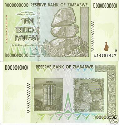 Zimbabwe 10 Trillion Dollars Pick Number: 88 aUNC (TLH corner nick) Banknote