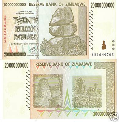 Zimbabwe 20 Billion Dollars Pick Number: 86 UNC Banknote
