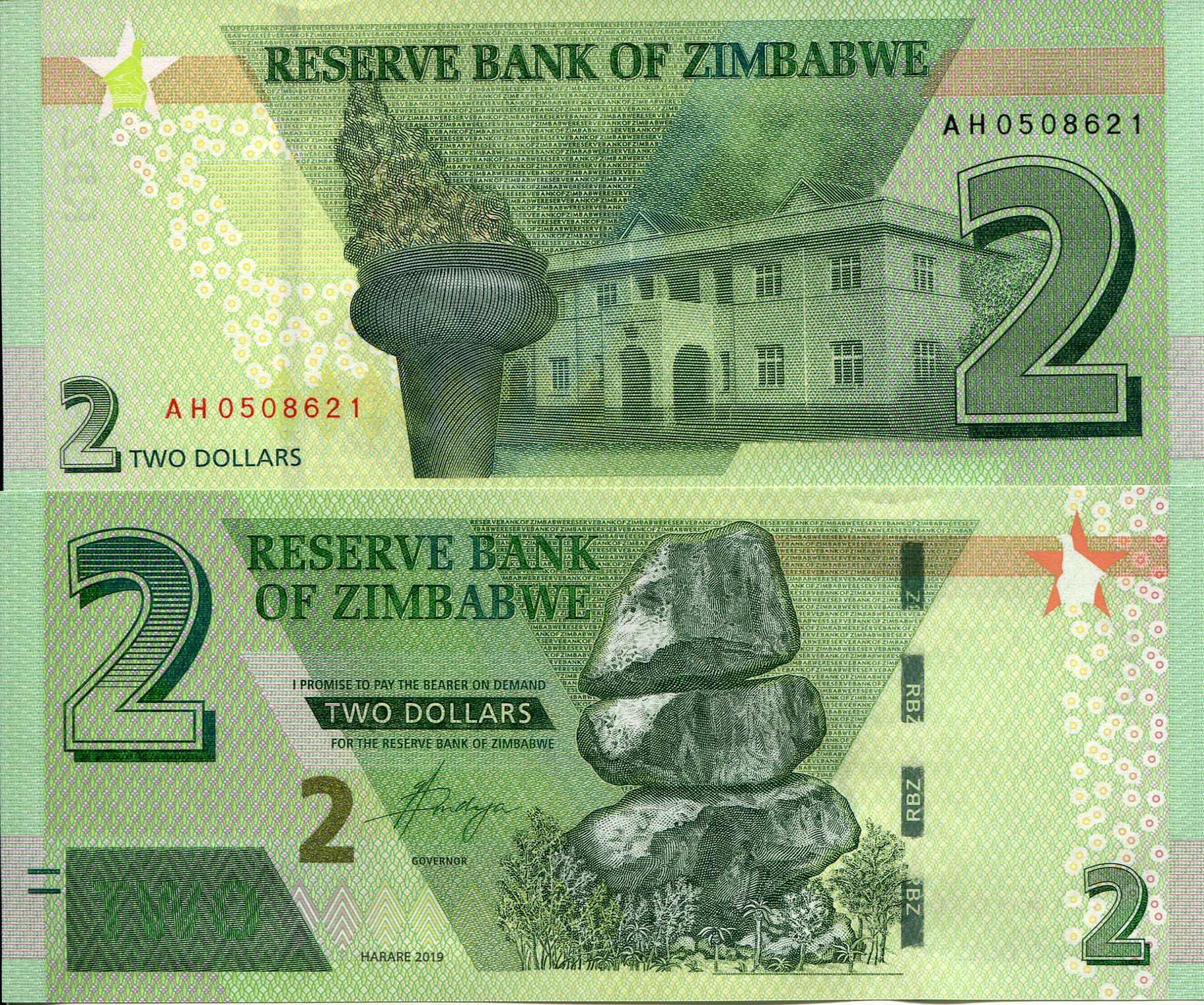Zimbabwe 2 Dollars UNC pick #: New