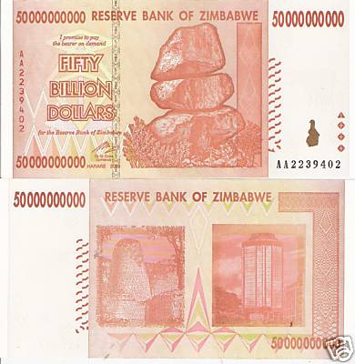 Zimbabwe 50 Billion Dollars Pick Number: 87 UNC Banknote